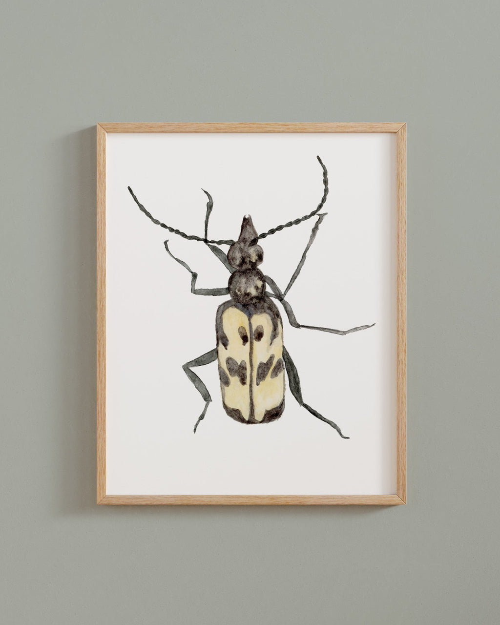 Framed watercolor painting of a beetle on a white background
