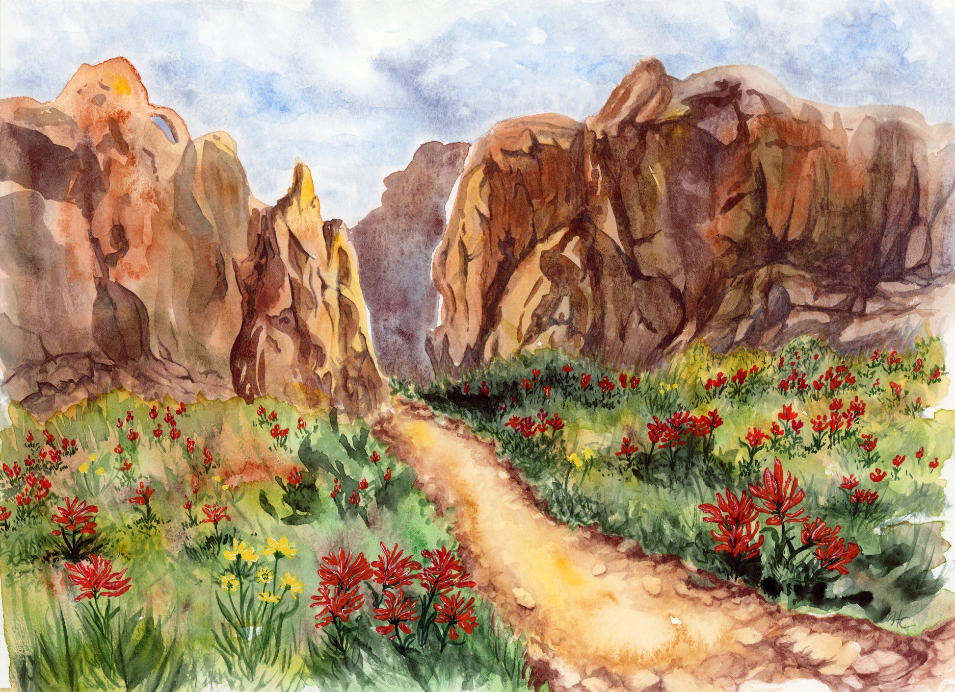 A watercolor print depicting a desert canyon scene with red Indian paintbrush and yellow blanketflower flowers in the foreground.
