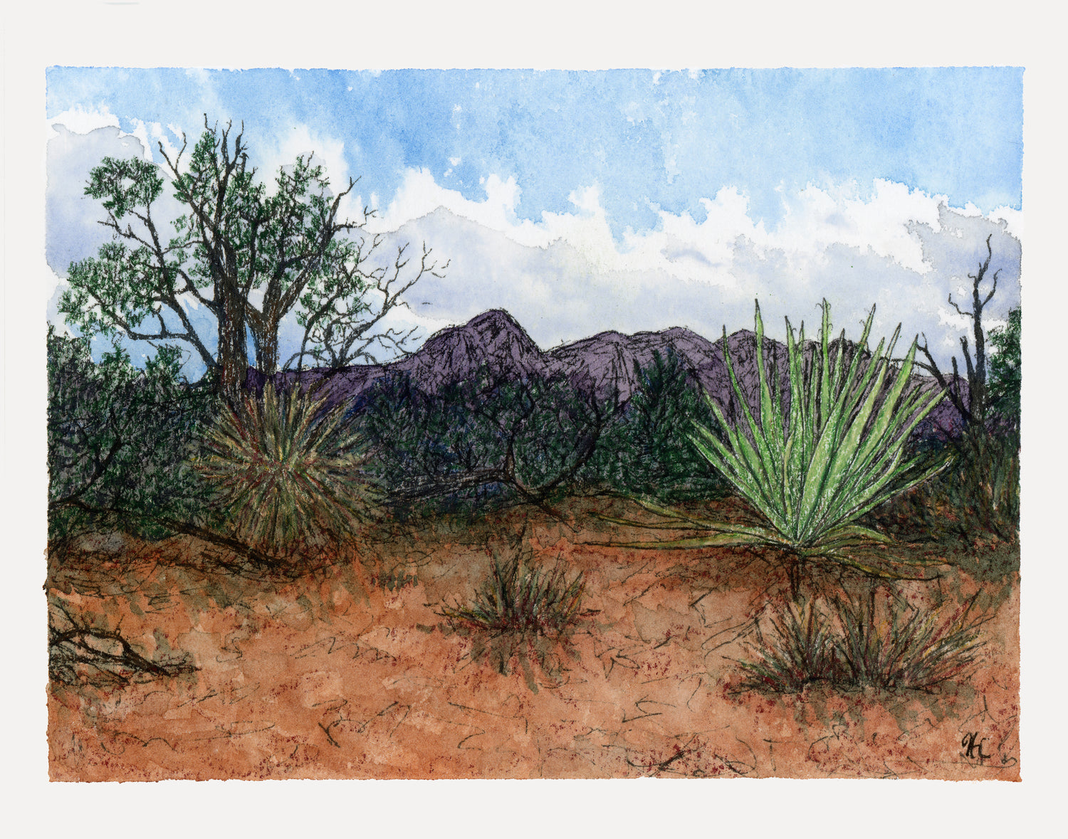 Watercolor and colored pencil painting of Sleeping Ute Mountain in Colorado.