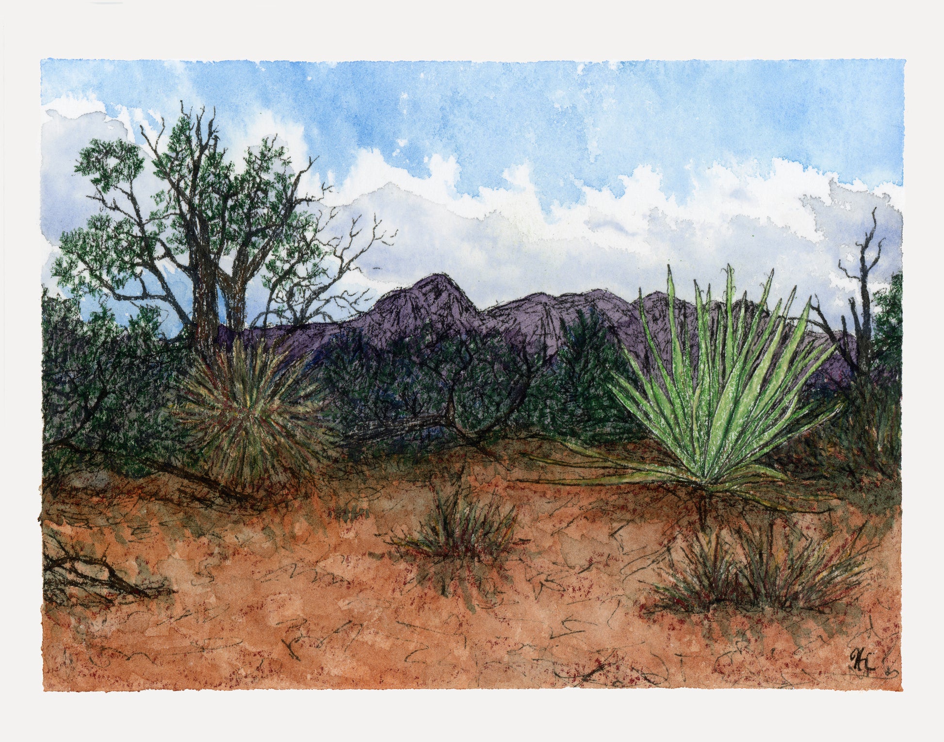 Watercolor and colored pencil painting of Sleeping Ute Mountain in Colorado.