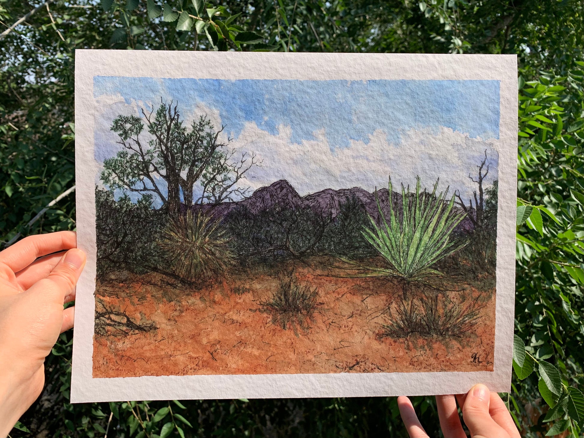 Watercolor and colored pencil painting of Sleeping Ute Mountain in Colorado.